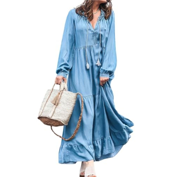 chouyatou Women's Spring Long Sleeeve Tiered Denim Dress Summer Flowy A-Line Maxi Long Tunic Dress (...