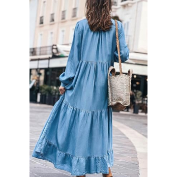 chouyatou Women's Spring Long Sleeeve Tiered Denim Dress Summer Flowy A-Line Maxi Long Tunic Dress (Large, Blue)