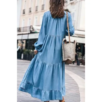 chouyatou Women's Spring Long Sleeeve Tiered Denim Dress Summer Flowy A-Line Maxi Long Tunic Dress (Large, Blue)