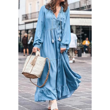 chouyatou Women's Spring Long Sleeeve Tiered Denim Dress Summer Flowy A-Line Maxi Long Tunic Dress (Large, Blue)
