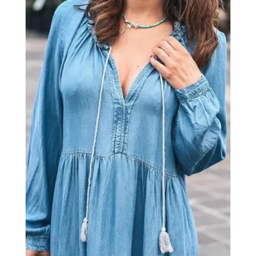 chouyatou Women's Spring Long Sleeeve Tiered Denim Dress Summer Flowy A-Line Maxi Long Tunic Dress (Large, Blue)