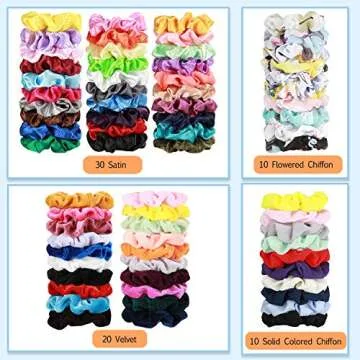 KVANT 70 Pack Hair Scrunchies Hair Ties Elastic Hair Bands Scrunchy Hair Accessories for Women or Girls - 10 Solid Colored Chiffon, 10 Flowered Chiffon, 20 Solid Colored Velvet, 30 Solid Colored Satin
