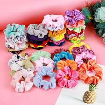 KVANT 70 Pack Hair Scrunchies Hair Ties Elastic Hair Bands Scrunchy Hair Accessories for Women or Girls - 10 Solid Colored Chiffon, 10 Flowered Chiffon, 20 Solid Colored Velvet, 30 Solid Colored Satin