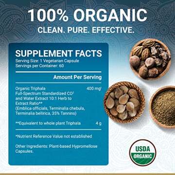 Triphala Capsules – USDA Organic Certified | Vegan Triphala Tablets | 100% Natural Herbal Triphala Guggulu Supplement | Natural Fusion Extract Potency | Ayurveda | 60 Caps | Trifala Churna