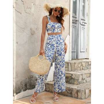 Floerns Women's 2 Piece Summer Boho Floral Print Knot Shoulder Zip Back Crop Cami Top and Maxi Pants Set Blue White Flower L