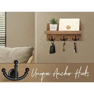 Rebee Vision Farmhouse Key Holder for Wall with Shelf: Decorative Mail Organizer and Key Rack Wall Mount with 3 Anchor Hooks - Rustic Entryway Decor (Retro Brown)