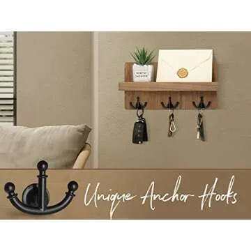Rebee Vision Farmhouse Key Holder for Wall with Shelf: Decorative Mail Organizer and Key Rack Wall Mount with 3 Anchor Hooks - Rustic Entryway Decor (Retro Brown)