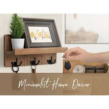 Rebee Vision Farmhouse Key Holder for Wall with Shelf: Decorative Mail Organizer and Key Rack Wall Mount with 3 Anchor Hooks - Rustic Entryway Decor (Retro Brown)