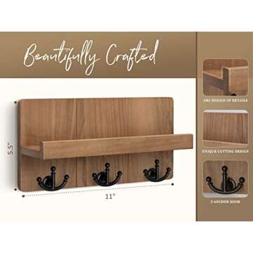 Rebee Vision Farmhouse Key Holder for Wall with Shelf: Decorative Mail Organizer and Key Rack Wall Mount with 3 Anchor Hooks - Rustic Entryway Decor (Retro Brown)