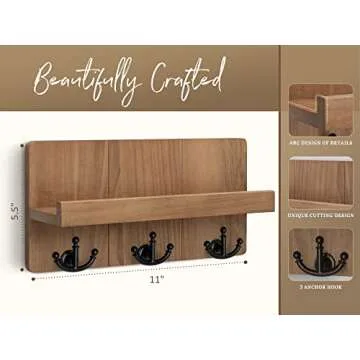 Rebee Vision Farmhouse Key Holder for Wall with Shelf: Decorative Mail Organizer and Key Rack Wall Mount with 3 Anchor Hooks - Rustic Entryway Decor (Retro Brown)