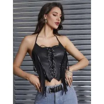 MakeMeChic Women's Lace Up Fringe PU Leather Corset Top Tie Back Cropped Halter Cami Top Black Small