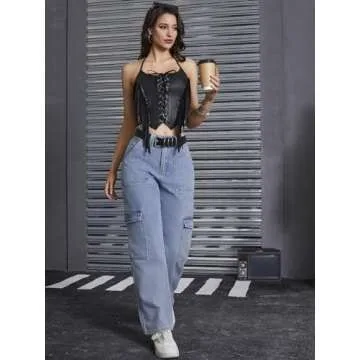 MakeMeChic Women's Lace Up Fringe PU Leather Corset Top Tie Back Cropped Halter Cami Top Black Small