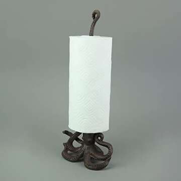 Brown Cast Iron Octopus Paper Towel Holder - Whimsical Nautical Kitchen Decor, 18 Inches High