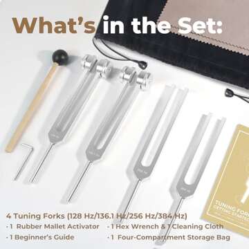 Tuning Forks for Healing Set (128Hz, 136.1Hz, 256Hz, 384Hz) - Weighted & Unweighted Tuning Forks wit...
