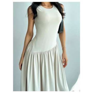 SHENHE Women's Sleeveless Drop Waist Ruched Maxi Dress Elegant A Line Flowy Asymmetrical Long Tank Dress Apricot Small