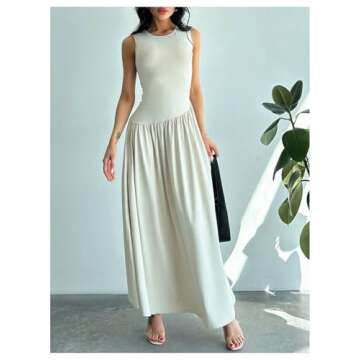 SHENHE Women's Sleeveless Drop Waist Ruched Maxi Dress Elegant A Line Flowy Asymmetrical Long Tank Dress Apricot Small