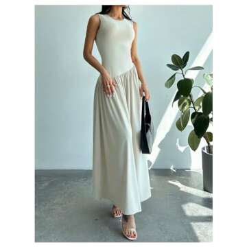 SHENHE Women's Sleeveless Drop Waist Ruched Maxi Dress Elegant A Line Flowy Asymmetrical Long Tank Dress Apricot Small