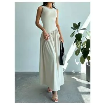 SHENHE Women's Sleeveless Drop Waist Ruched Maxi Dress Elegant A Line Flowy Asymmetrical Long Tank Dress Apricot Small