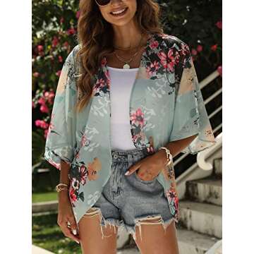 Chunoy Women Casual Summer Lightweight Chiffon Kimono Cardigan Floral Loose Half Sleeve Shawl Cover ...
