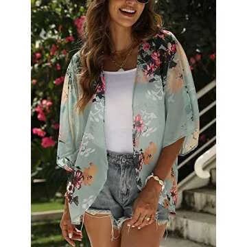 Chunoy Women Casual Summer Lightweight Chiffon Kimono Cardigan Floral Loose Half Sleeve Shawl Cover Up Green Large