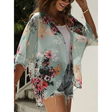Chunoy Women Casual Summer Lightweight Chiffon Kimono Cardigan Floral Loose Half Sleeve Shawl Cover Up Green Large
