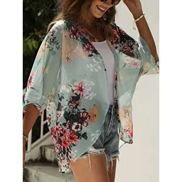 Chunoy Women Casual Summer Lightweight Chiffon Kimono Cardigan Floral Loose Half Sleeve Shawl Cover Up Green Large