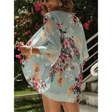 Chunoy Women Casual Summer Lightweight Chiffon Kimono Cardigan Floral Loose Half Sleeve Shawl Cover Up Green Large