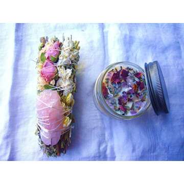 Spring Meadow Smudge Box | Luxury Floral Sage Wand Charged w/Rose Quartz & a 4 oz Smudging Candle Infused w/Botanicals & Crystals | Made in USA | Home Cleansing, Blessing, Manifesting, Rituals