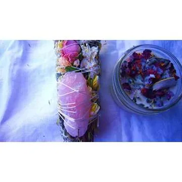 Spring Meadow Smudge Box | Luxury Floral Sage Wand Charged w/Rose Quartz & a 4 oz Smudging Candle Infused w/Botanicals & Crystals | Made in USA | Home Cleansing, Blessing, Manifesting, Rituals