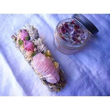 Spring Meadow Smudge Box | Luxury Floral Sage Wand Charged w/Rose Quartz & a 4 oz Smudging Candle Infused w/Botanicals & Crystals | Made in USA | Home Cleansing, Blessing, Manifesting, Rituals