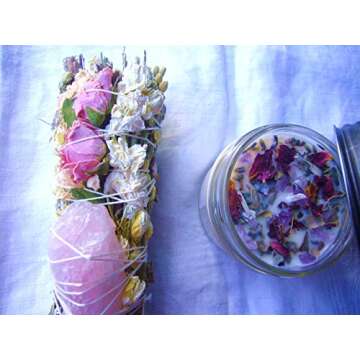 Spring Meadow Smudge Box | Luxury Floral Sage Wand Charged w/Rose Quartz & a 4 oz Smudging Candle Infused w/Botanicals & Crystals | Made in USA | Home Cleansing, Blessing, Manifesting, Rituals