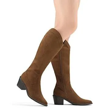 DREAM PAIRS Womens Cowboy Boots, Western Cowgirl Pull On Zipper Chunky Heel Pointed Toe Knee High Boots,Size 7.5,Brown/Suede,DKB212