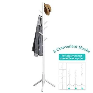 Vlush Sturdy Coat Rack Stand, Entryway Hall Tree Wooden Coat Rack Hanger for Coat,Jacket,Hat,Clothes,Purse,Scarves,Handbags,Umbrella-(8 Hooks,Ivory White)