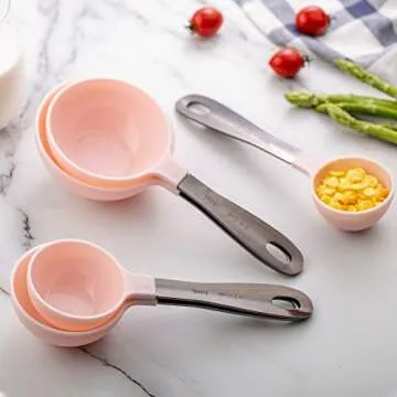 Country Kitchen 12 PC Measuring Cups Set and Measuring Spoon Set/Gunmetal Stainless Steel Handles/Nesting Kitchen Measuring Set/Liquid Measuring Cup Set/Dry Measuring Cup Set (Pink)