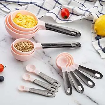 Country Kitchen 12 PC Measuring Cups Set and Measuring Spoon Set/Gunmetal Stainless Steel Handles/Nesting Kitchen Measuring Set/Liquid Measuring Cup Set/Dry Measuring Cup Set (Pink)