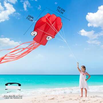 SYNCFUN Large Red Octopus Kite for Kids - Easy Flying Fun