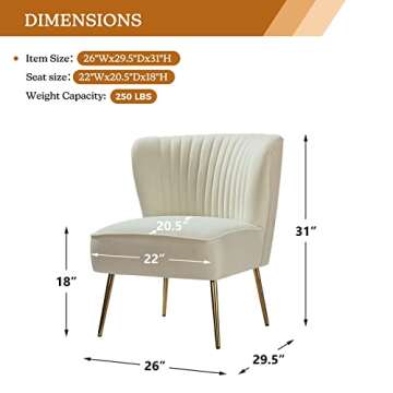 TINA'S HOME Velvet Accent Chair Set of 2 with Metal Golden Legs, Upholstered Armless Slipper Chair with Wingback, Mid Century Side Chair for Living Room Bedroom Vanity- Ivory