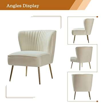 TINA'S HOME Velvet Accent Chair Set of 2 with Metal Golden Legs, Upholstered Armless Slipper Chair with Wingback, Mid Century Side Chair for Living Room Bedroom Vanity- Ivory