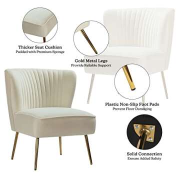 TINA'S HOME Velvet Accent Chair Set of 2 with Metal Golden Legs, Upholstered Armless Slipper Chair with Wingback, Mid Century Side Chair for Living Room Bedroom Vanity- Ivory