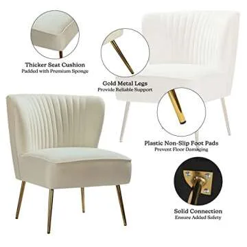 TINA'S HOME Velvet Accent Chair Set of 2 with Metal Golden Legs, Upholstered Armless Slipper Chair with Wingback, Mid Century Side Chair for Living Room Bedroom Vanity- Ivory