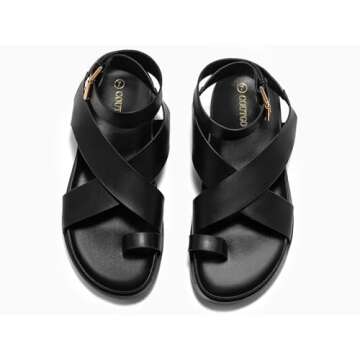 Coutgo Womens Flat Thong Sandals Beach Criss Cross Ankle Buckle Strap Comfortable Footbed Summer Sandal, Black, Size 7