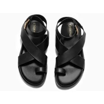 Coutgo Womens Flat Thong Sandals Beach Criss Cross Ankle Buckle Strap Comfortable Footbed Summer Sandal, Black, Size 7