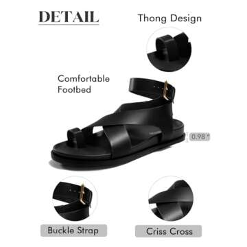 Coutgo Womens Flat Thong Sandals Beach Criss Cross Ankle Buckle Strap Comfortable Footbed Summer Sandal, Black, Size 7