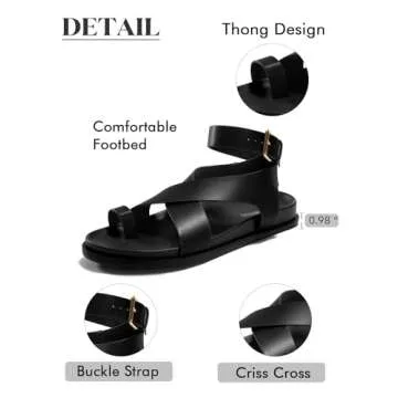 Coutgo Womens Flat Thong Sandals Beach Criss Cross Ankle Buckle Strap Comfortable Footbed Summer Sandal, Black, Size 7