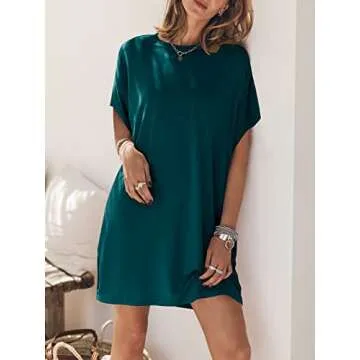 ANRABESS Women’s Summer Short Sleeve T-Shirt Dress Casual Loose Oversized Slit Mini Tee Dress Beach Cover Up Tunic 2024 Fashion Cute Boyfriend Tops Deep Green Medium
