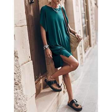 ANRABESS Women’s Summer Short Sleeve T-Shirt Dress Casual Loose Oversized Slit Mini Tee Dress Beach Cover Up Tunic 2024 Fashion Cute Boyfriend Tops Deep Green Medium