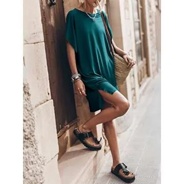 ANRABESS Women’s Summer Short Sleeve T-Shirt Dress Casual Loose Oversized Slit Mini Tee Dress Beach Cover Up Tunic 2024 Fashion Cute Boyfriend Tops Deep Green Medium