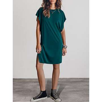 ANRABESS Women’s Summer Short Sleeve T-Shirt Dress Casual Loose Oversized Slit Mini Tee Dress Beach Cover Up Tunic 2024 Fashion Cute Boyfriend Tops Deep Green Medium
