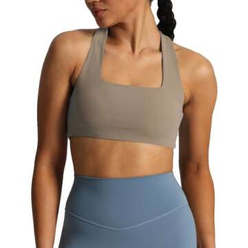 Aoxjox Women's Workout Sports Bras Square Neck Emma Cross Back Fitness Padded Training Gym Bra Yoga Crop Tank Top (Driftwood, Medium)
