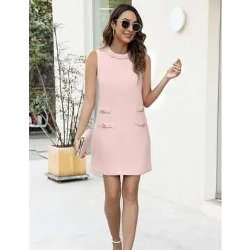 Women's Tweed Jackie Dress Crew Neck Sleeveless Elegant Vintage Button Bodycon A-line Mini Dresses Pink